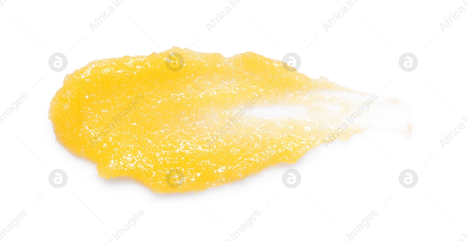 Photo of Smear of body scrub isolated on white, top view