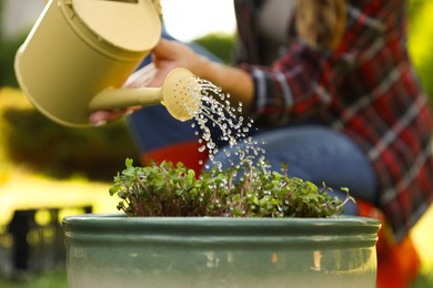 Photo of Woman watering potted seedlings with can outdoors, closeup