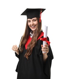 Photo of Happy student with diploma after graduation on white background