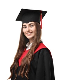 Photo of Happy student after graduation on white background