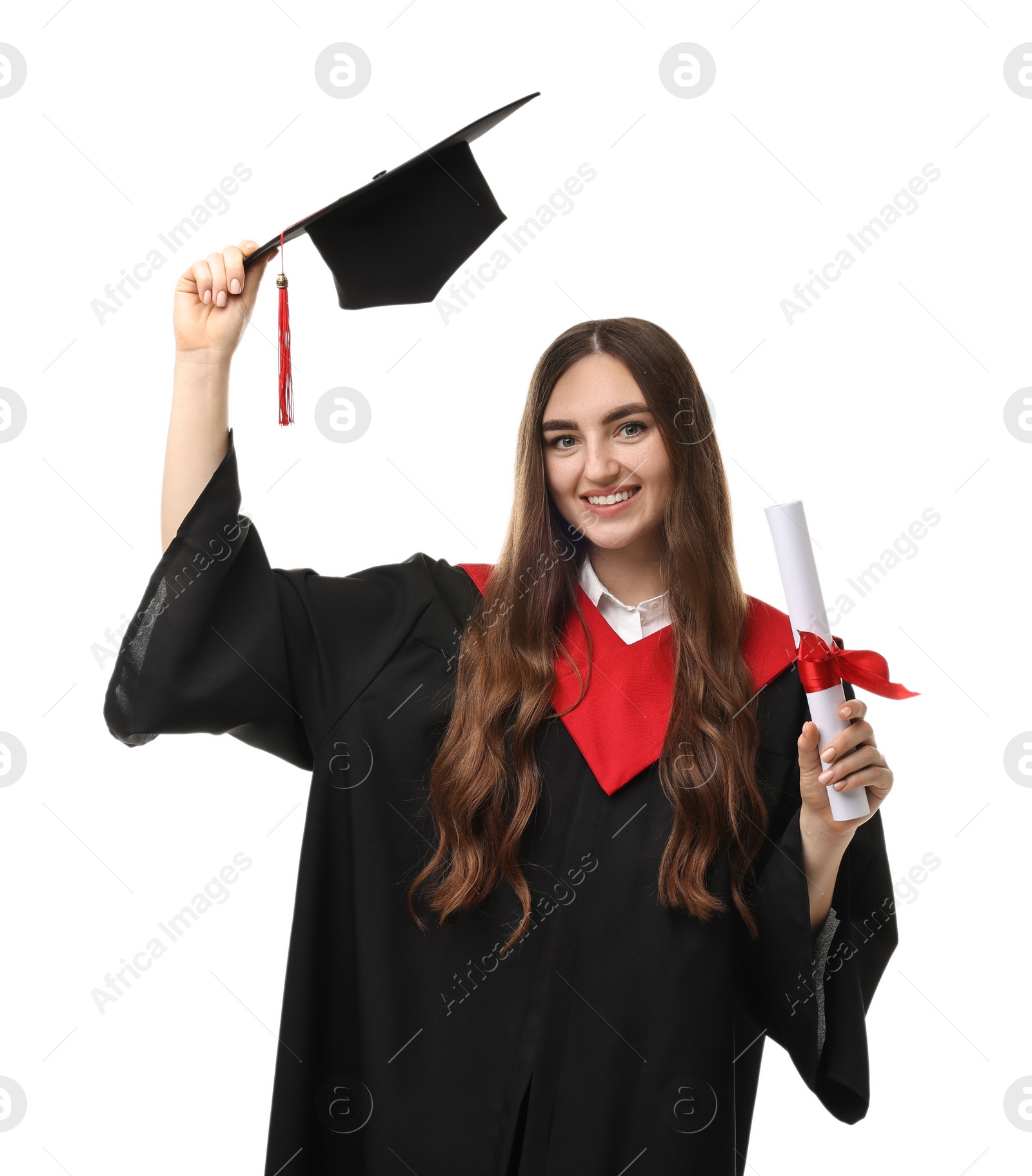 Photo of Happy student with diploma after graduation on white background