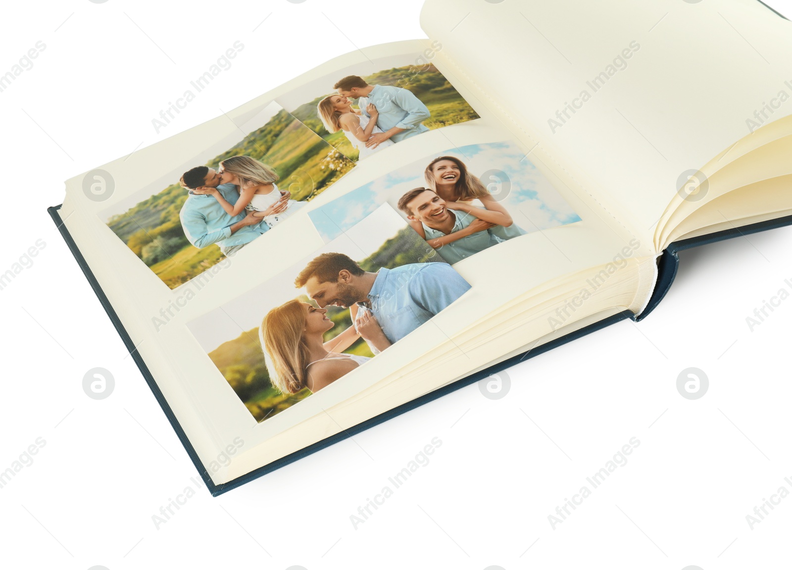 Photo of Open photo album with different photos isolated on white