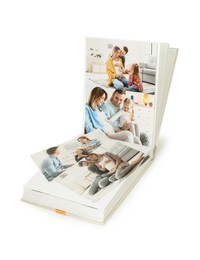 Photo of Open photo album with different photos isolated on white