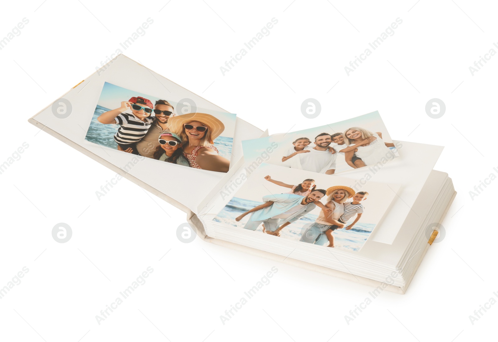 Photo of Open photo album with different photos isolated on white