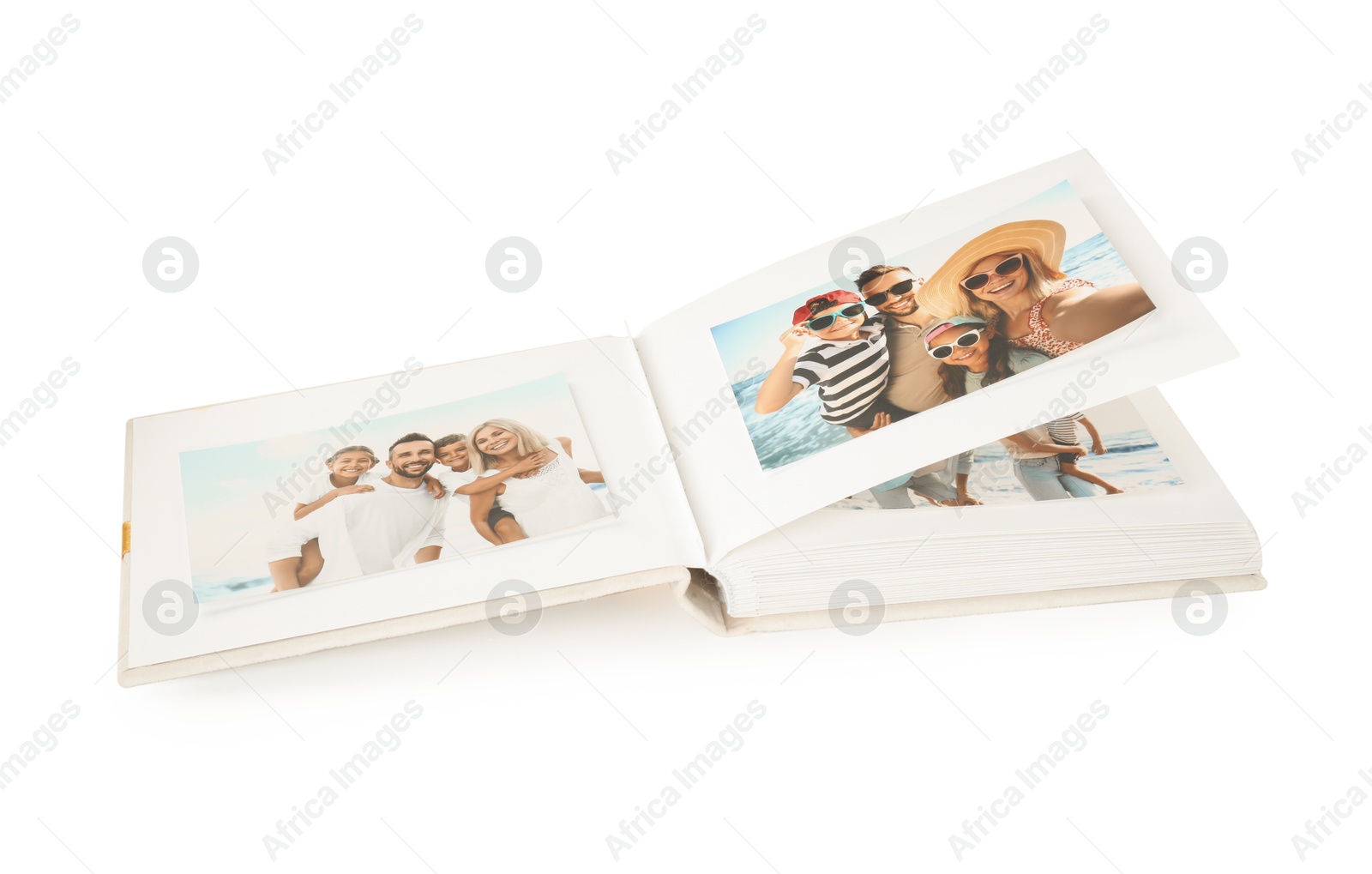 Photo of Open photo album with different photos isolated on white