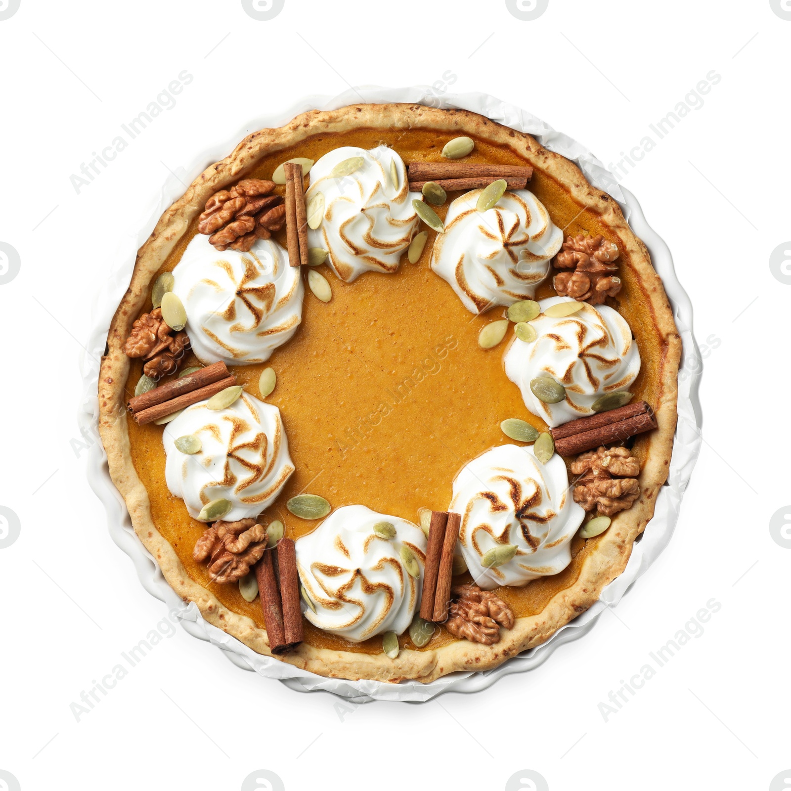 Photo of Tasty homemade pumpkin pie in baking dish isolated on white, top view