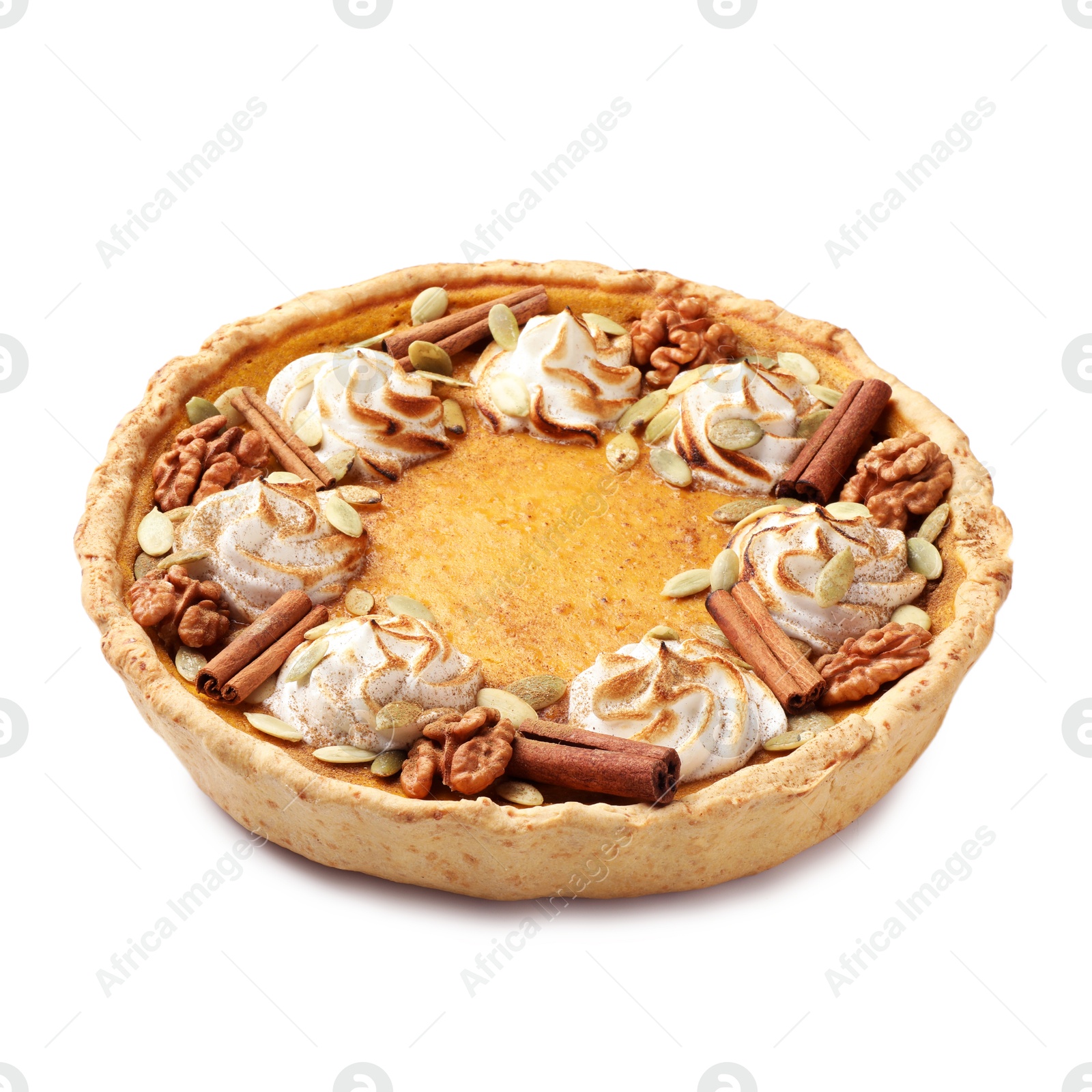 Photo of Homemade pumpkin pie with whipped cream, seeds and cinnamon isolated on white