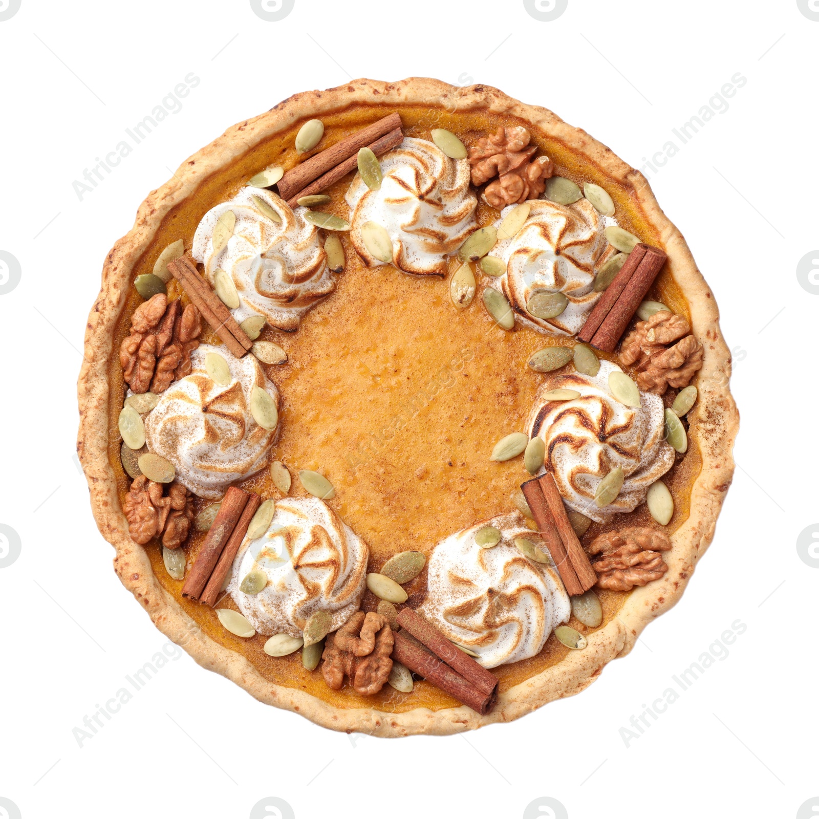 Photo of Homemade pumpkin pie with whipped cream, seeds and cinnamon isolated on white, top view