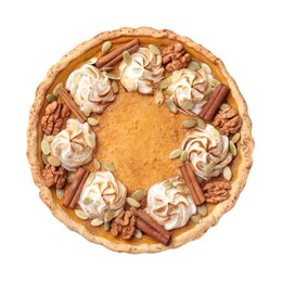 Photo of Homemade pumpkin pie with whipped cream, seeds and cinnamon isolated on white, top view