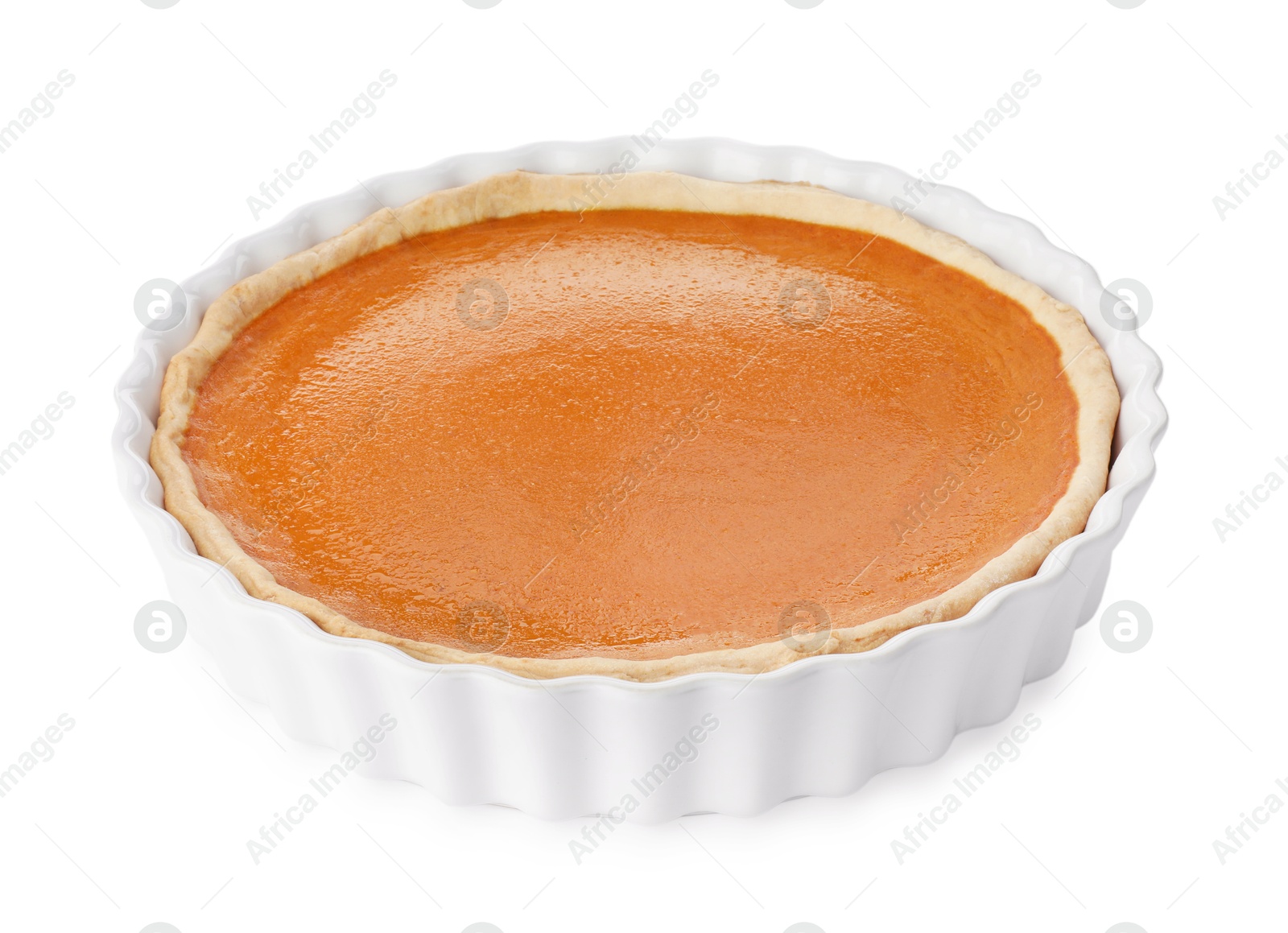 Photo of Tasty homemade pumpkin pie isolated on white