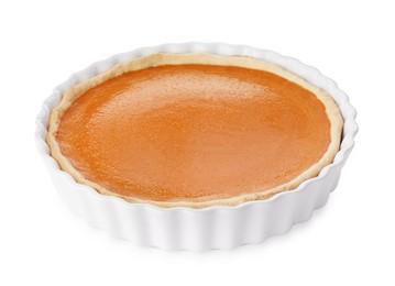 Photo of Tasty homemade pumpkin pie isolated on white