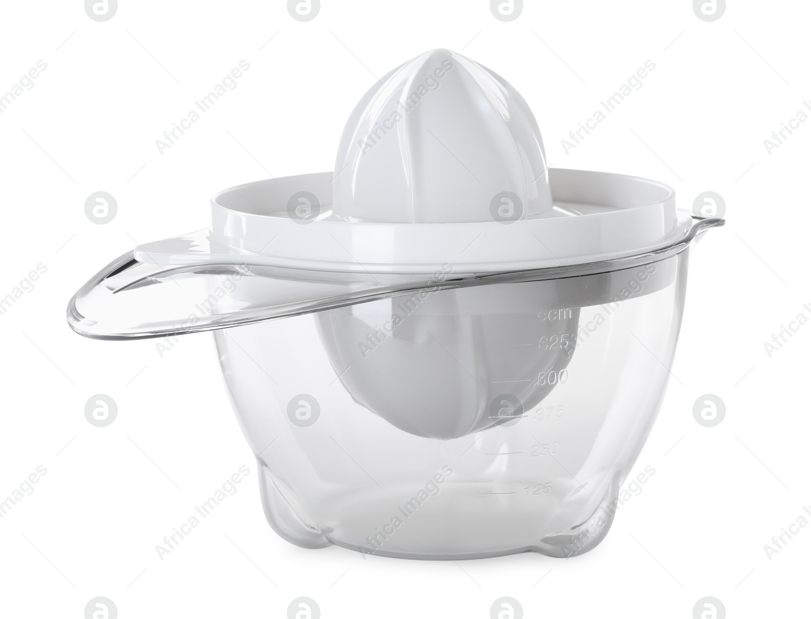 Photo of One plastic juicer isolated on white. Kitchen tool