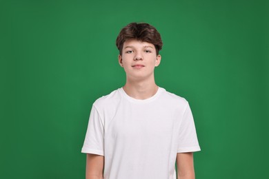 Photo of Portrait of teenage boy on green background