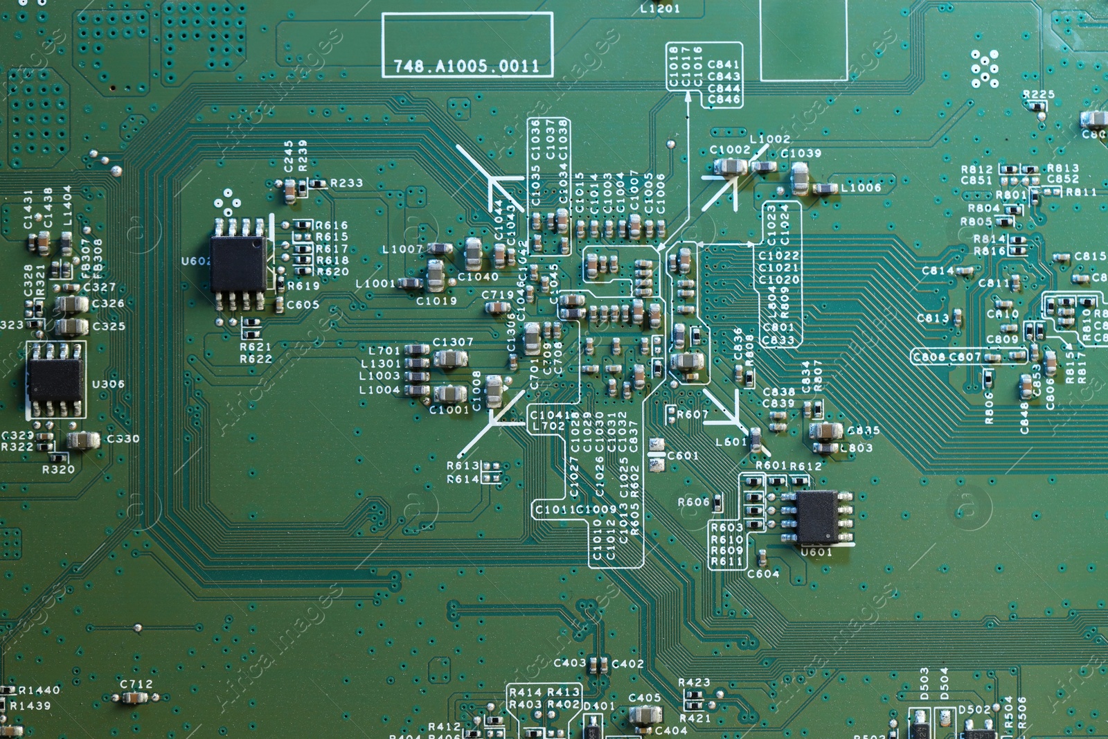 Photo of Electronic circuit board as background, top view