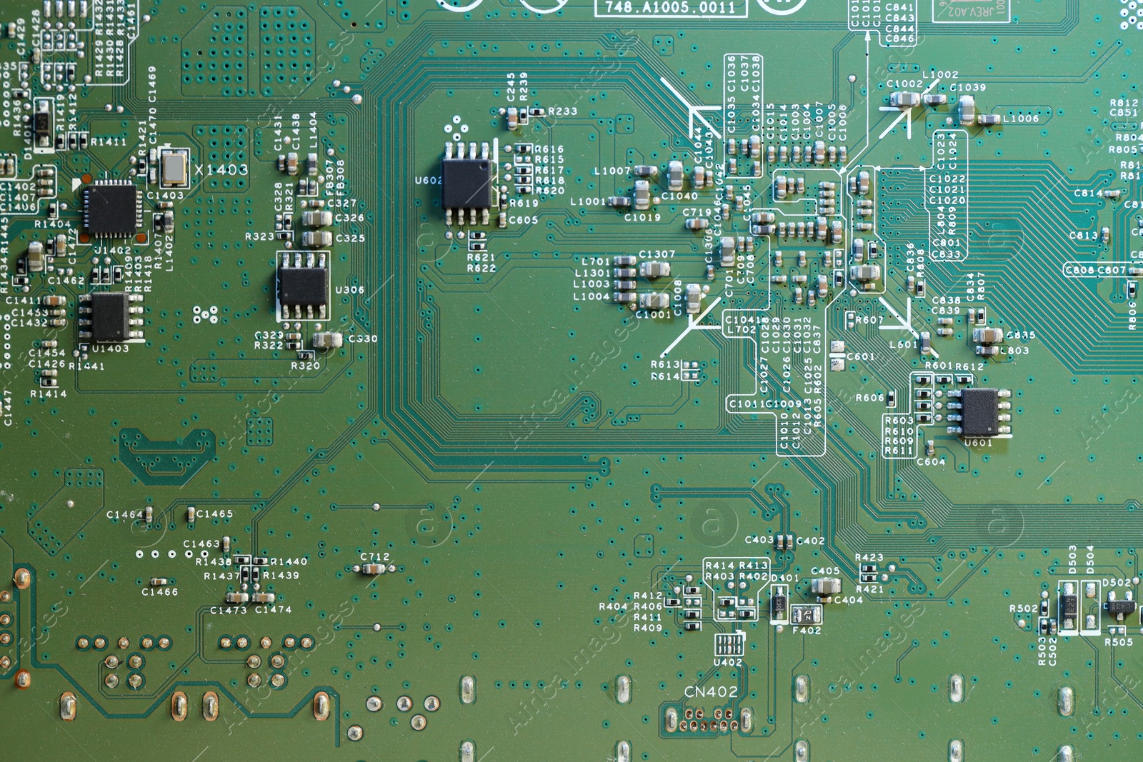 Photo of Electronic circuit board as background, top view