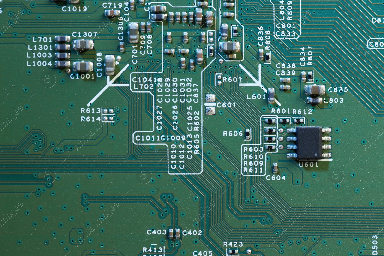 Photo of Electronic circuit board as background, top view