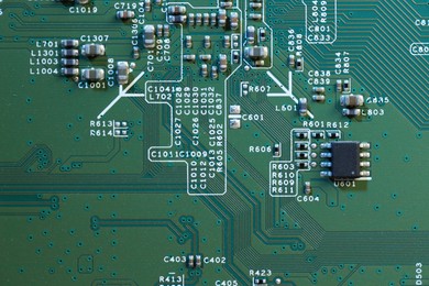 Photo of Electronic circuit board as background, top view