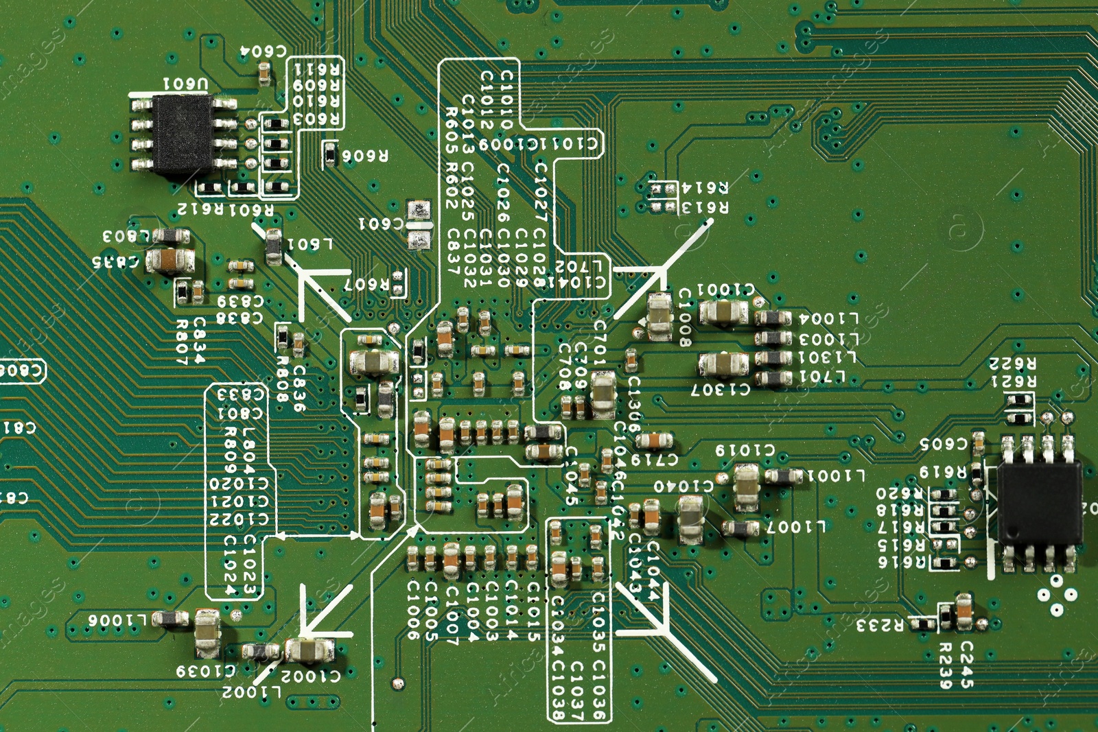 Photo of Electronic circuit board as background, top view