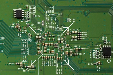 Photo of Electronic circuit board as background, top view