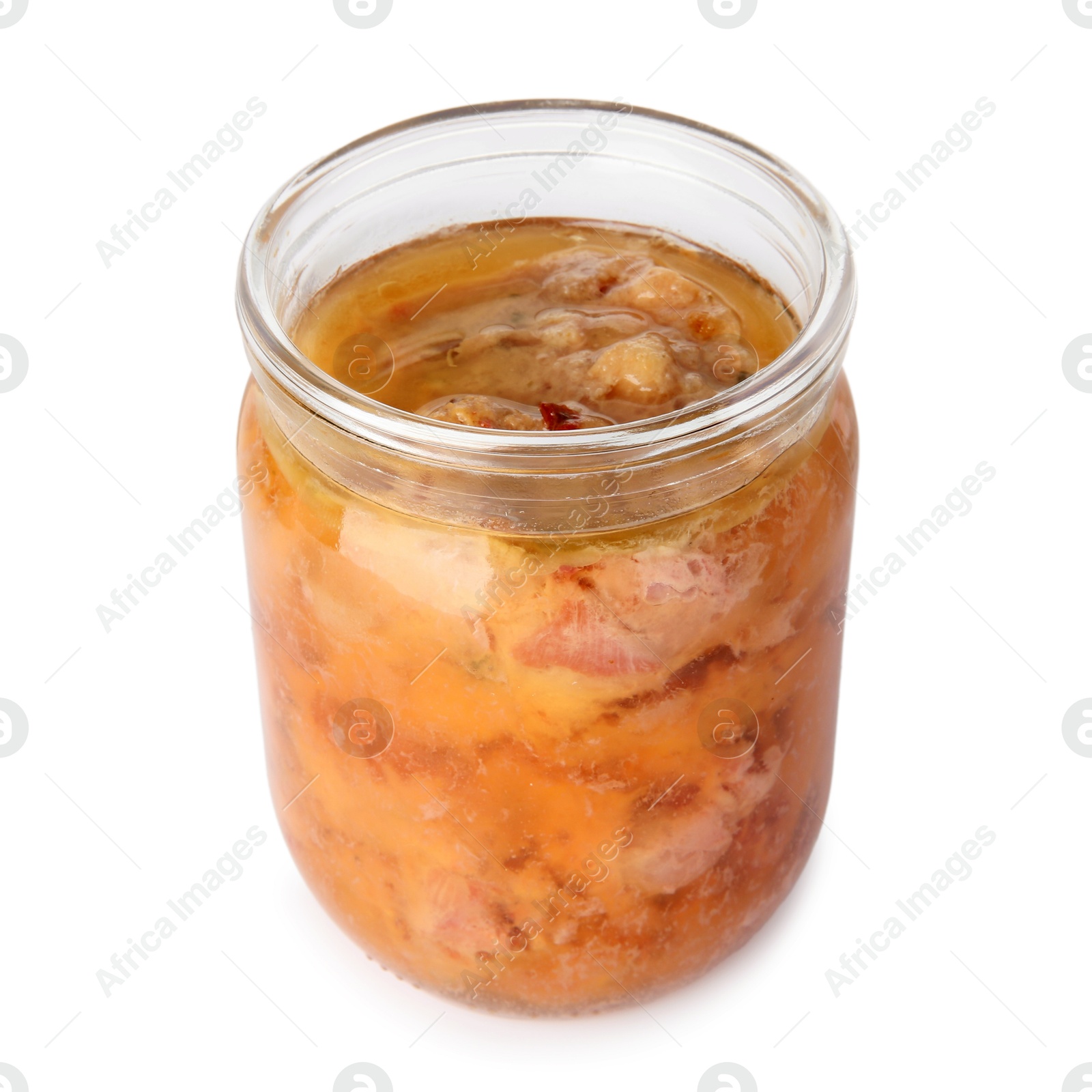 Photo of Canned meat in glass jar isolated on white