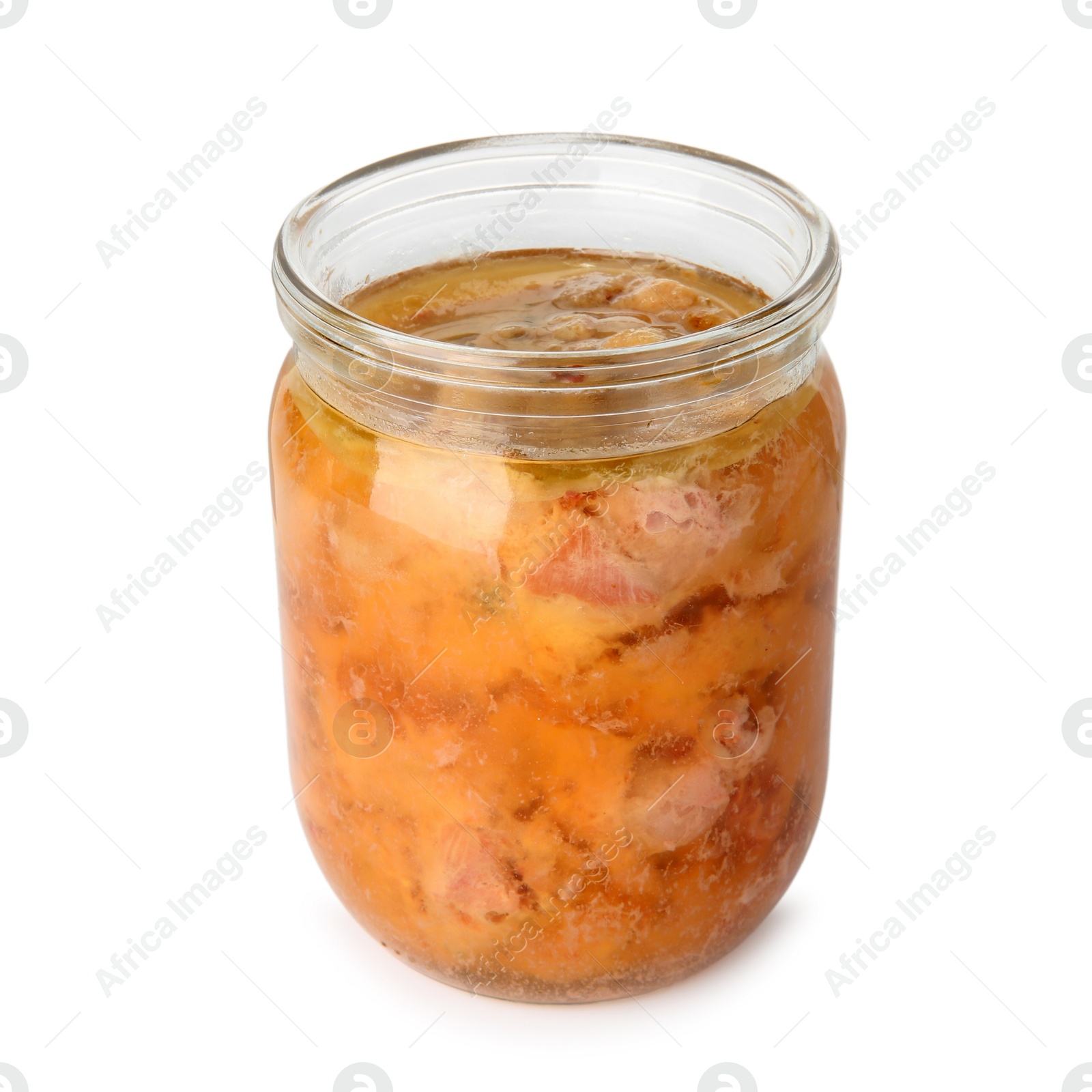 Photo of Canned meat in glass jar isolated on white