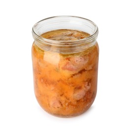 Photo of Canned meat in glass jar isolated on white