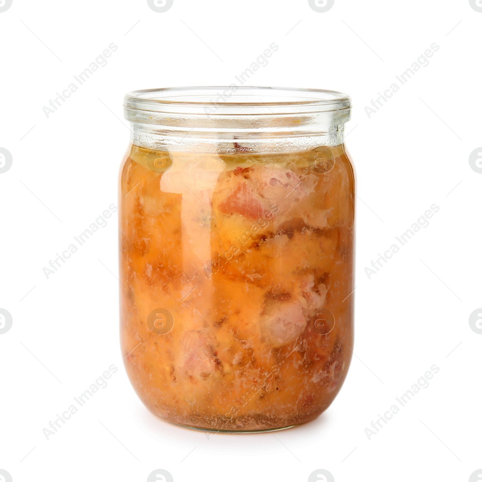 Photo of Canned meat in glass jar isolated on white