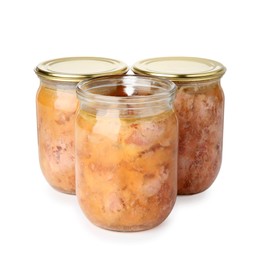 Photo of Canned meat in glass jars isolated on white