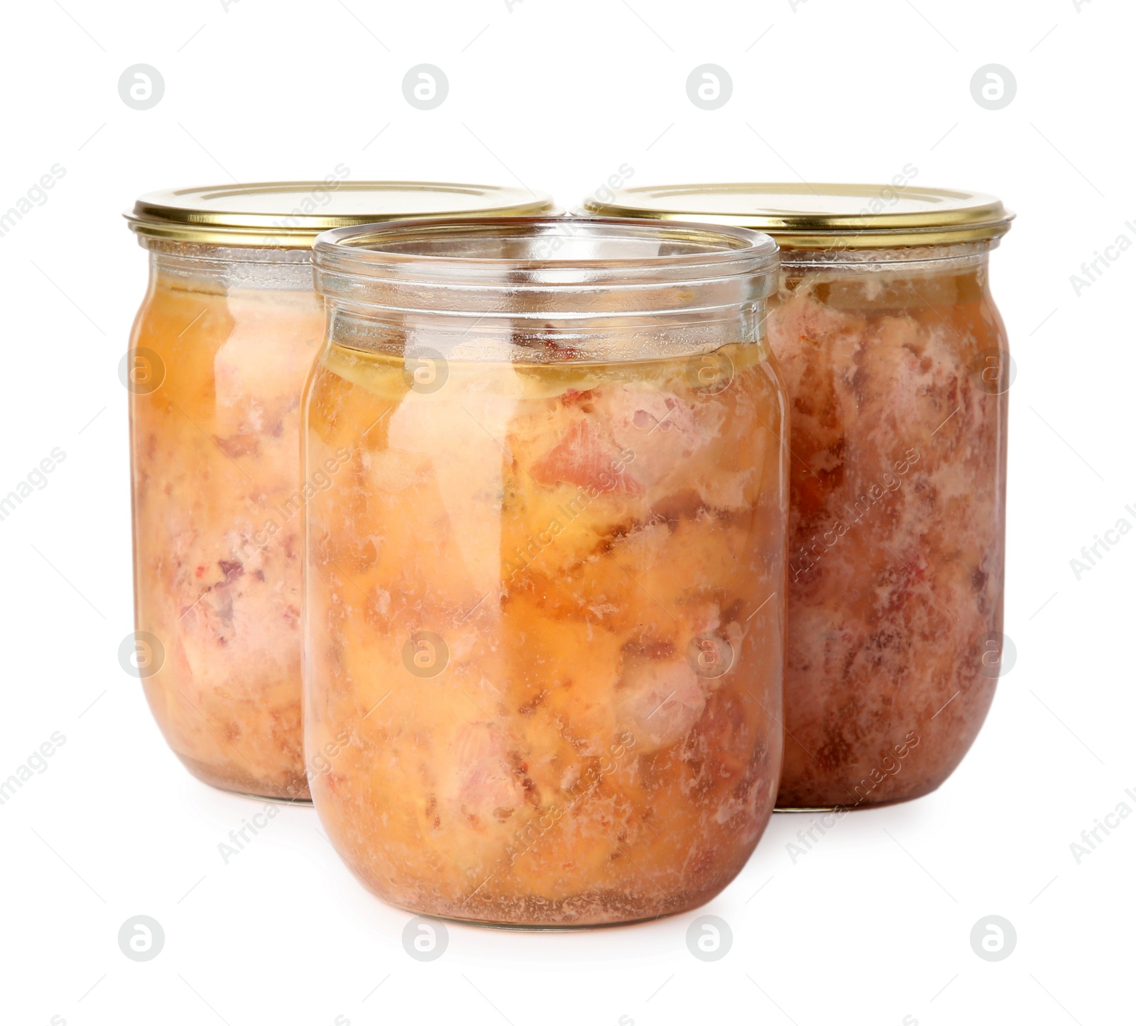 Photo of Canned meat in glass jars isolated on white