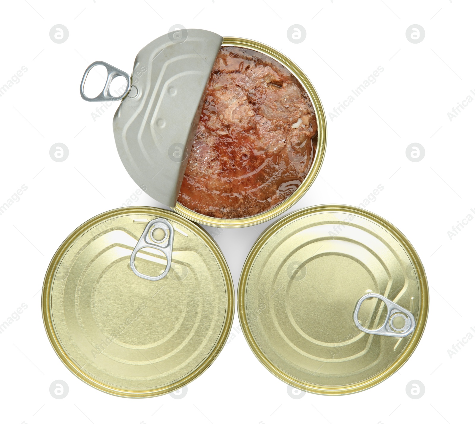 Photo of Canned meat in tin cans isolated on white, top view