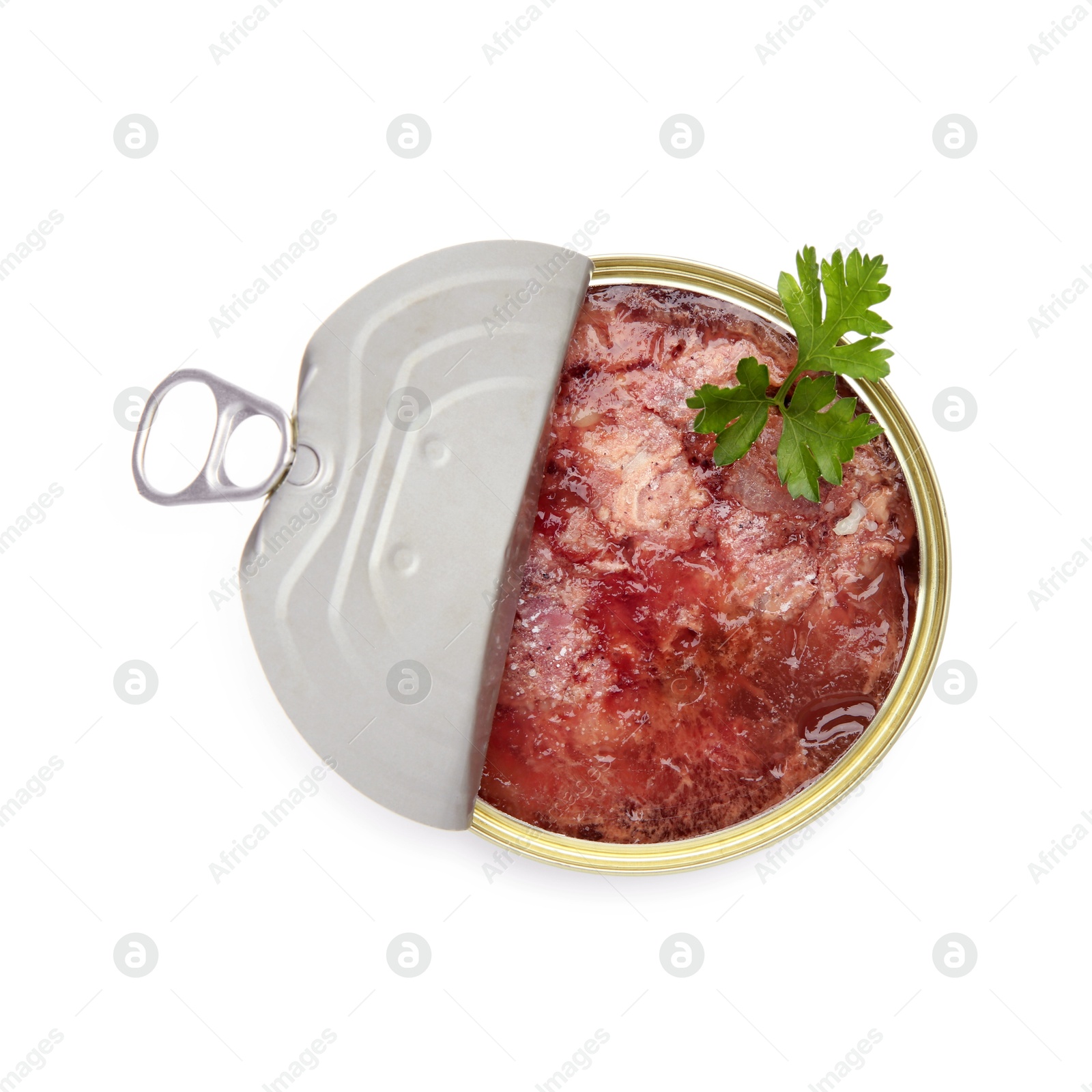 Photo of Canned meat in tin can and parsley isolated on white, top view