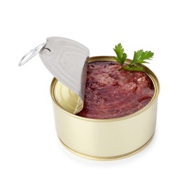 Photo of Canned meat in tin can and parsley isolated on white