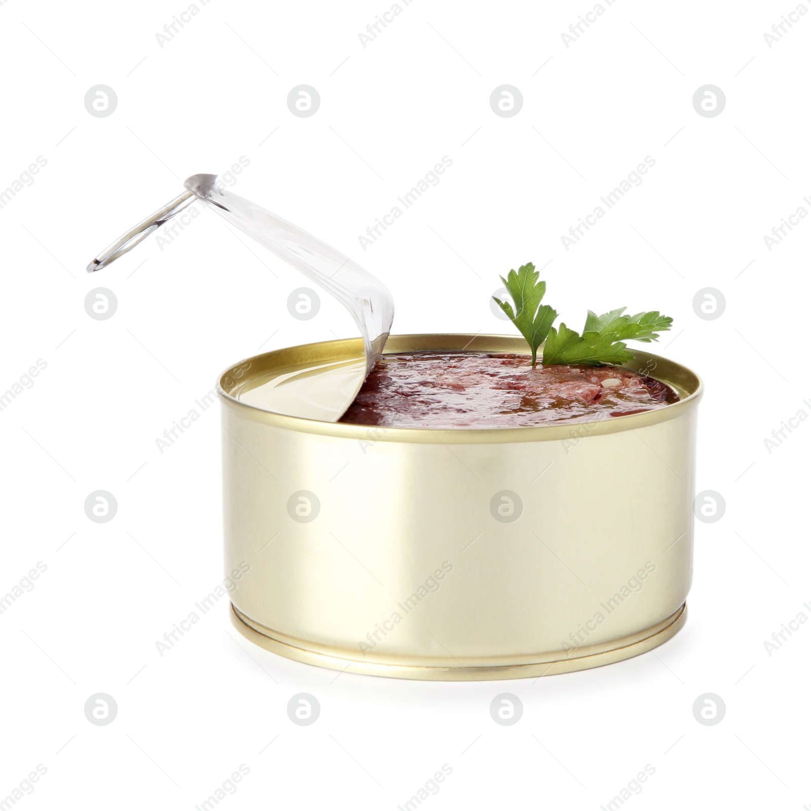 Photo of Canned meat in tin can and parsley isolated on white