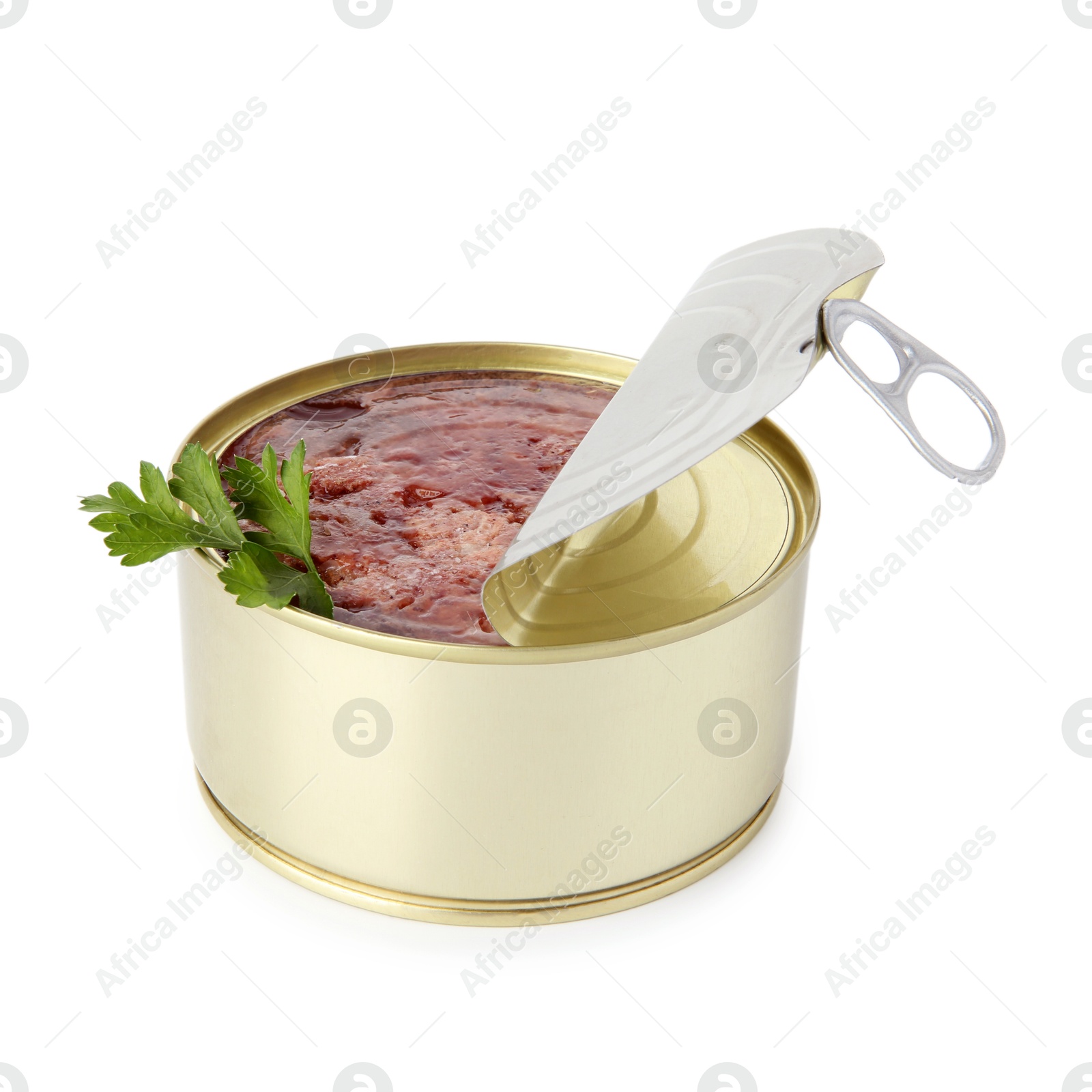 Photo of Canned meat in tin can and parsley isolated on white