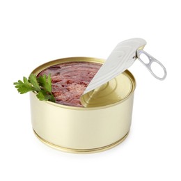 Canned meat in tin can and parsley isolated on white