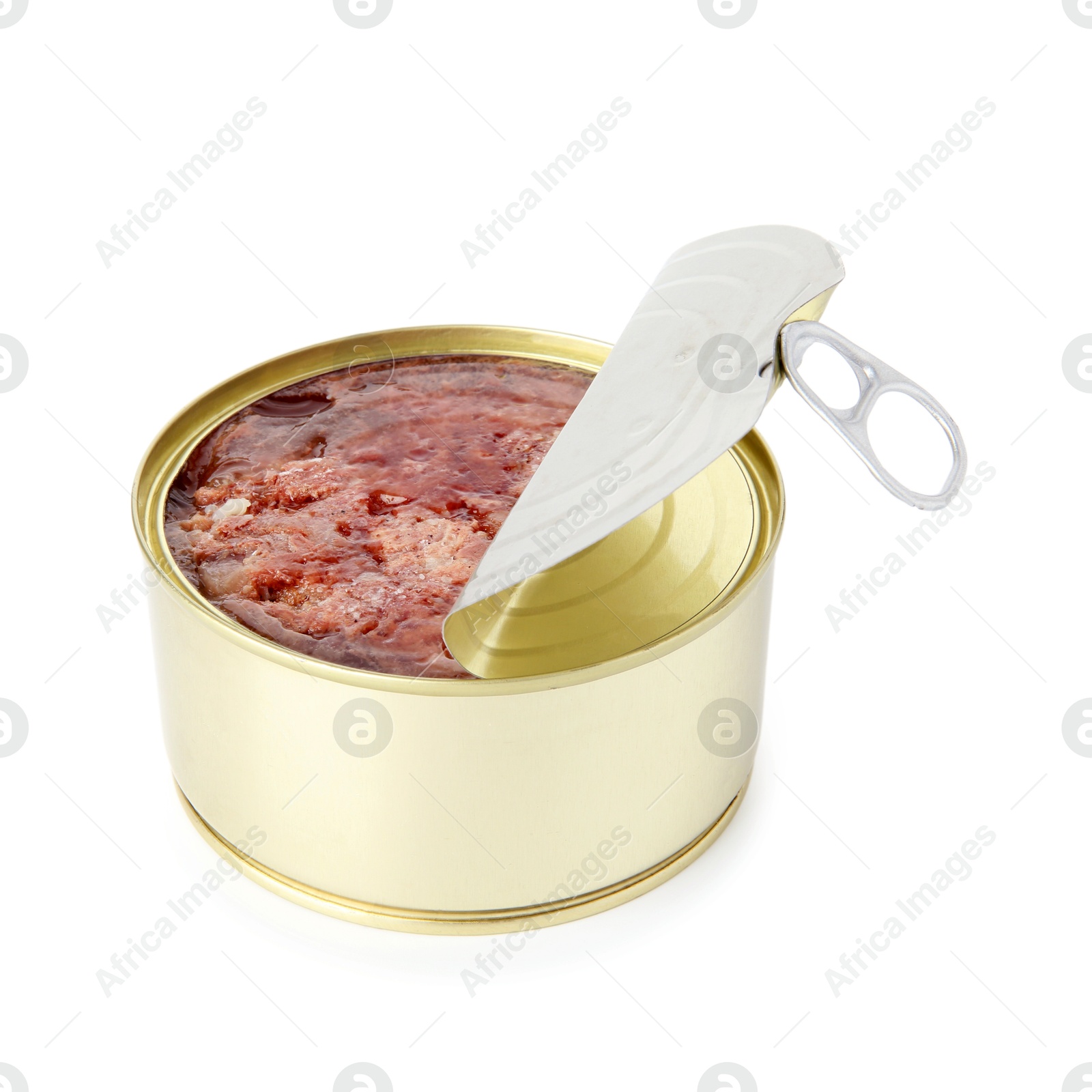 Photo of Canned meat in tin can isolated on white