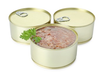 Photo of Canned meat in tin cans isolated on white