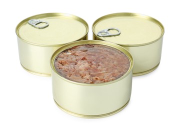 Photo of Canned meat in tin cans isolated on white