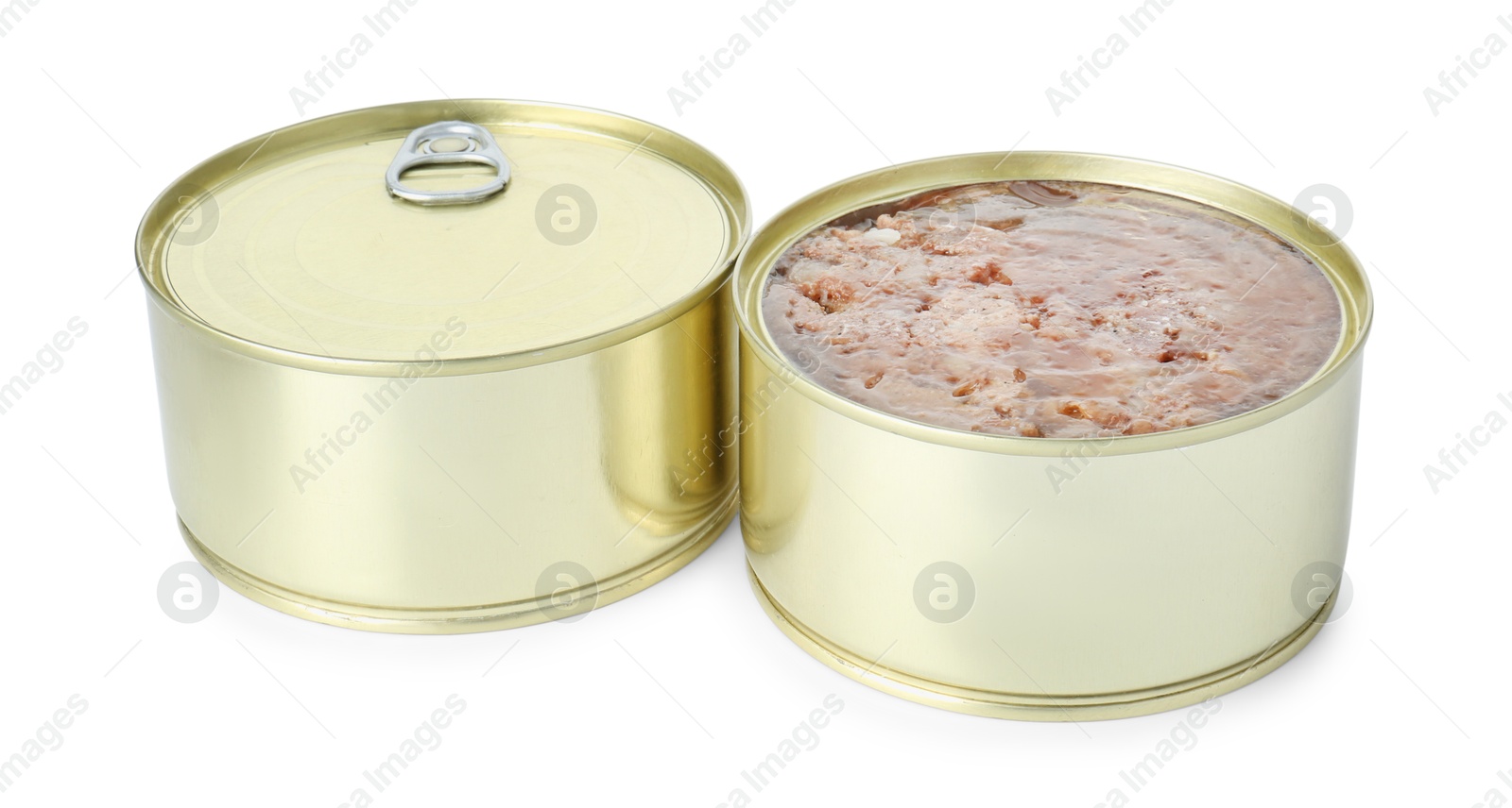 Photo of Canned meat in tin cans isolated on white