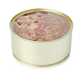 Photo of Canned meat in tin can isolated on white