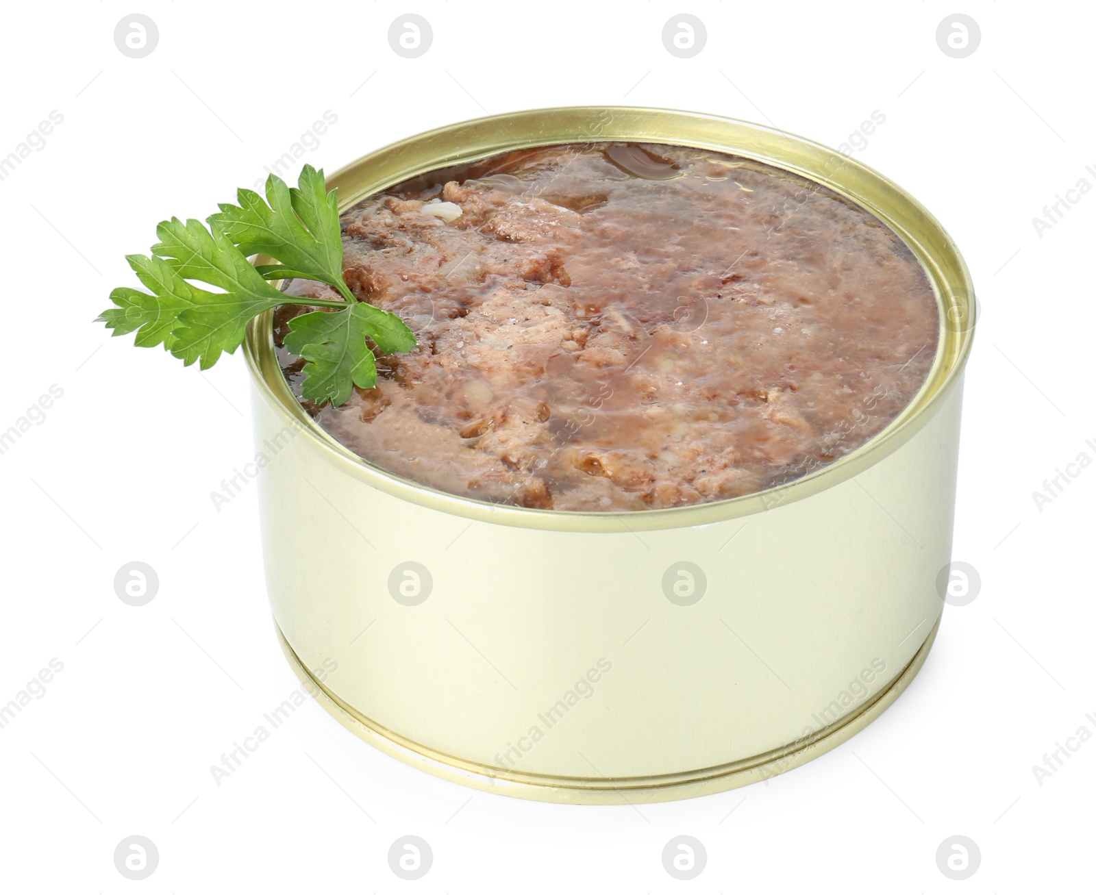 Photo of Canned meat in tin can and parsley isolated on white