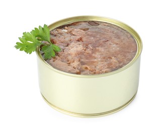 Photo of Canned meat in tin can and parsley isolated on white