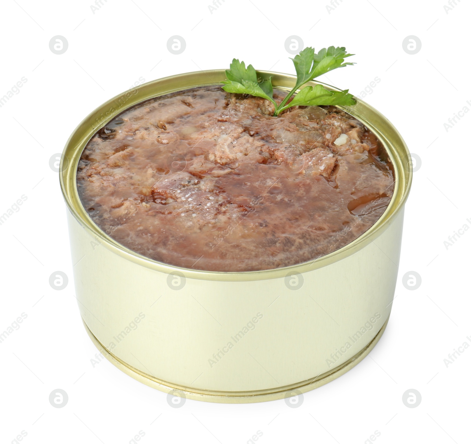 Photo of Canned meat in tin can and parsley isolated on white