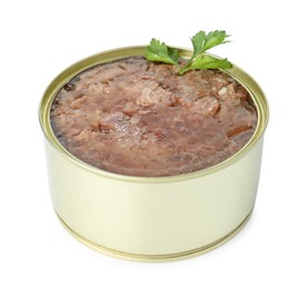 Canned meat in tin can and parsley isolated on white