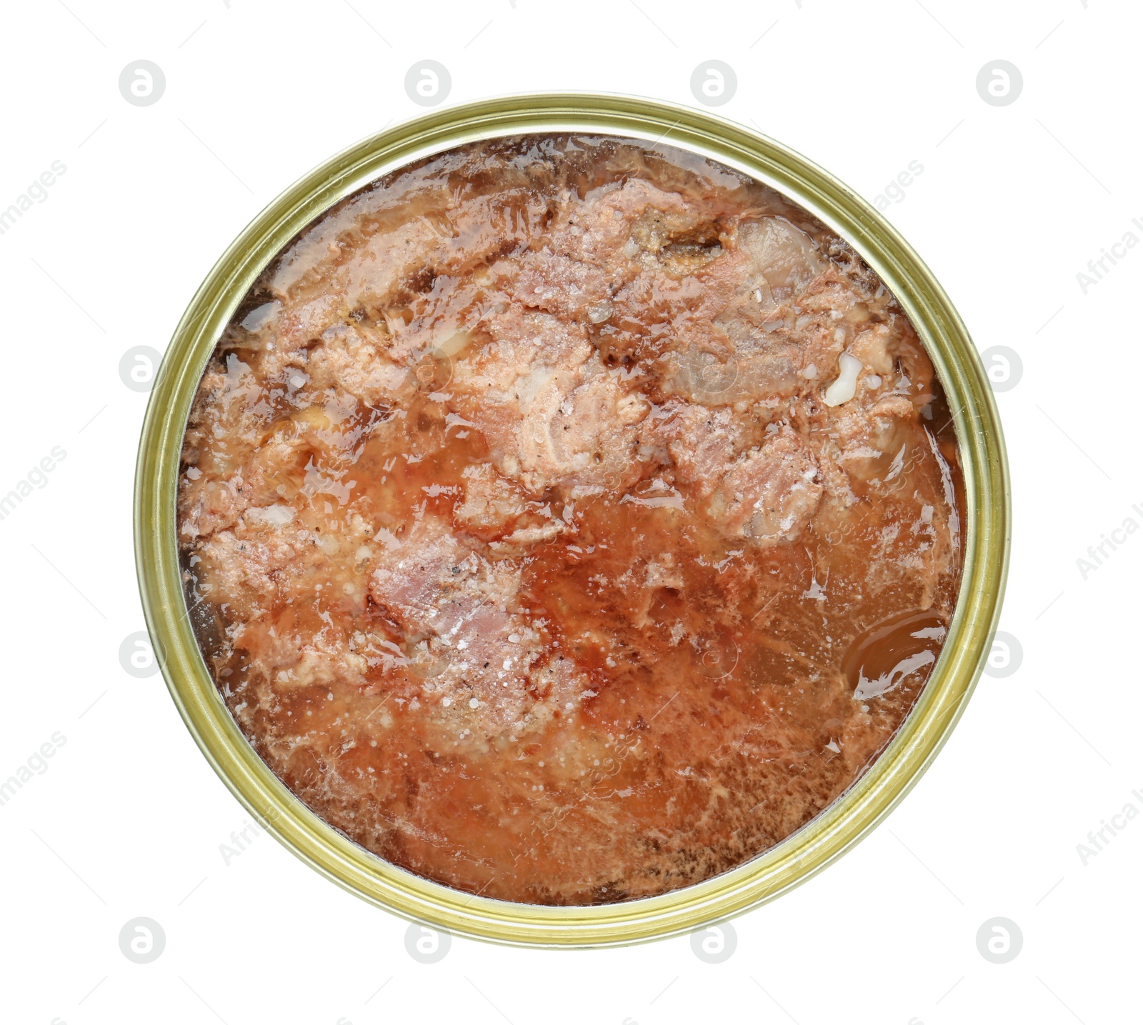 Photo of Canned meat in tin can isolated on white, top view