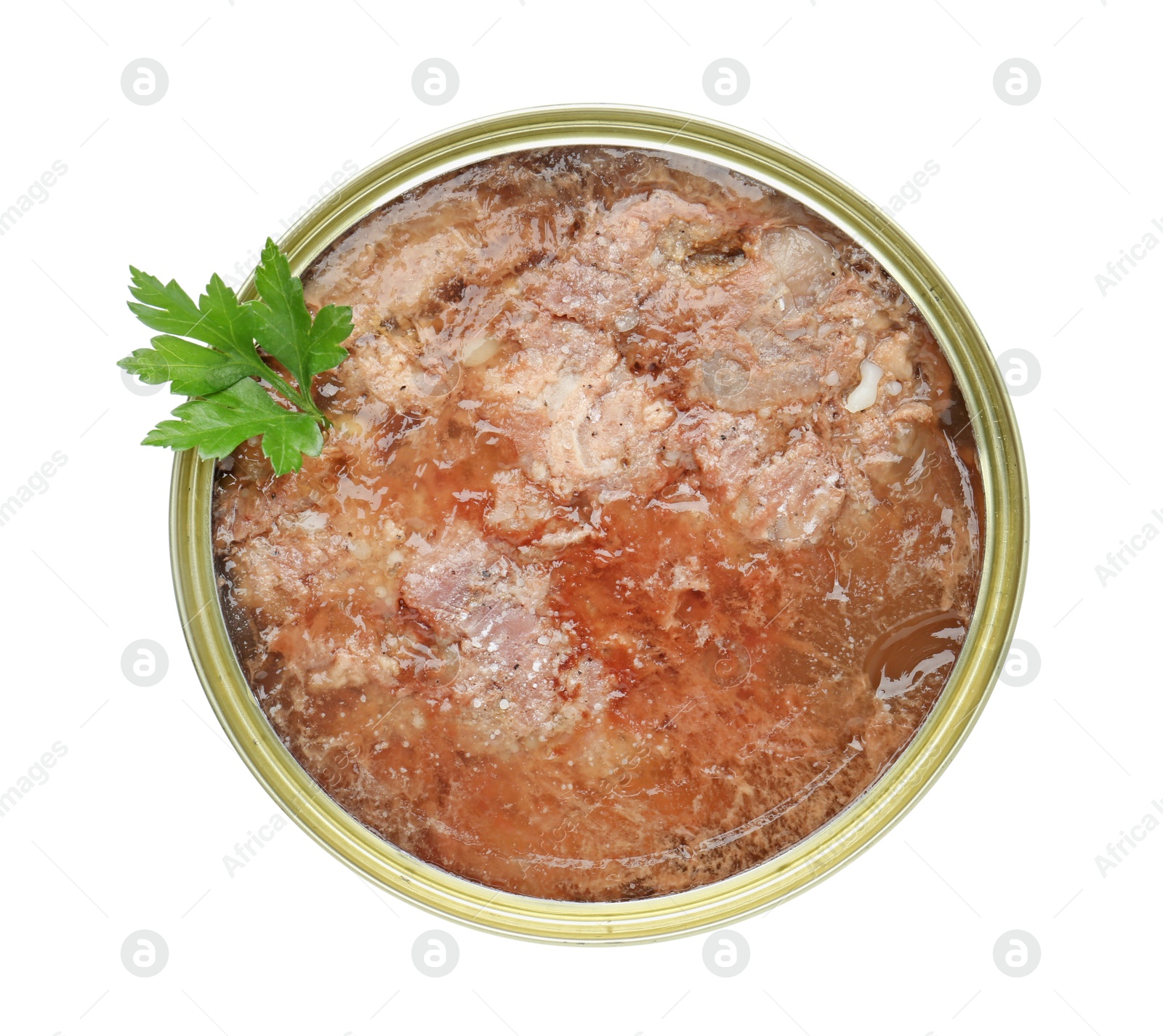 Photo of Canned meat in tin can and parsley isolated on white, top view