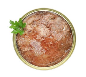 Photo of Canned meat in tin can and parsley isolated on white, top view