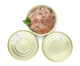 Photo of Canned meat in tin cans isolated on white, top view