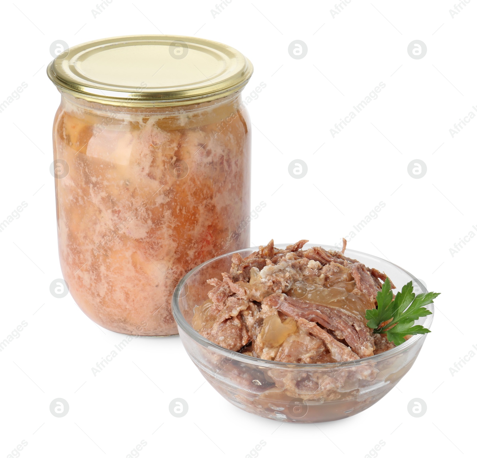 Photo of Canned meat in glass bowl, jar and parsley isolated on white