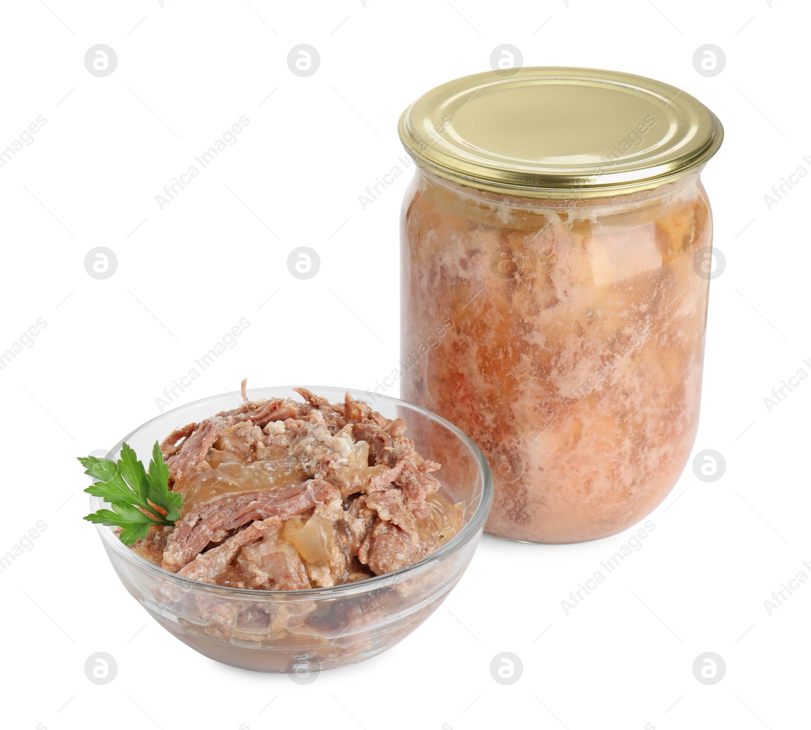 Photo of Canned meat in glass bowl, jar and parsley isolated on white